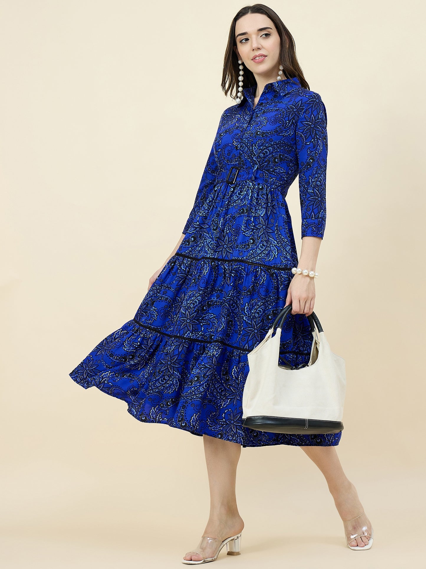 Blue Paisley Printed Layered Midi Dress with Belt