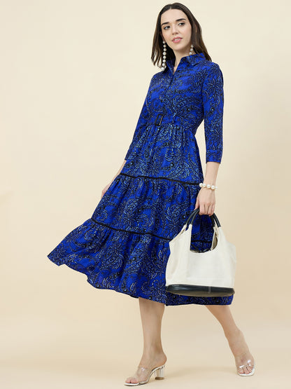 Blue Paisley Printed Layered Midi Dress with Belt