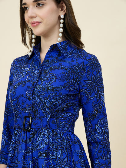 Blue Paisley Printed Layered Midi Dress with Belt