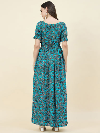 Green Paisley Printed Maxi Dress with Tie-Ups