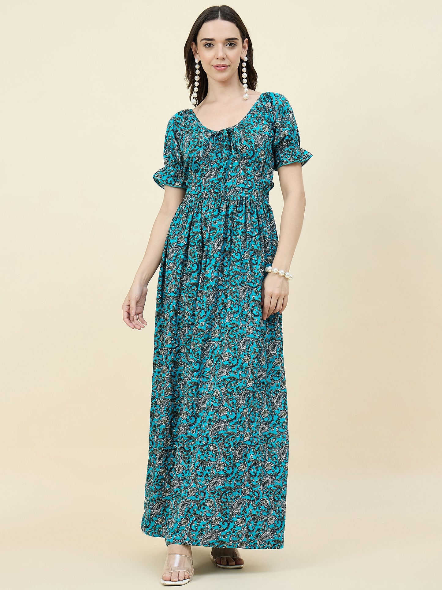 Green Paisley Printed Maxi Dress with Tie-Ups