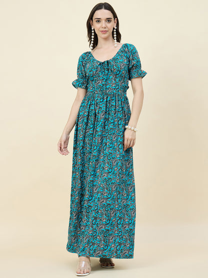 Green Paisley Printed Maxi Dress with Tie-Ups