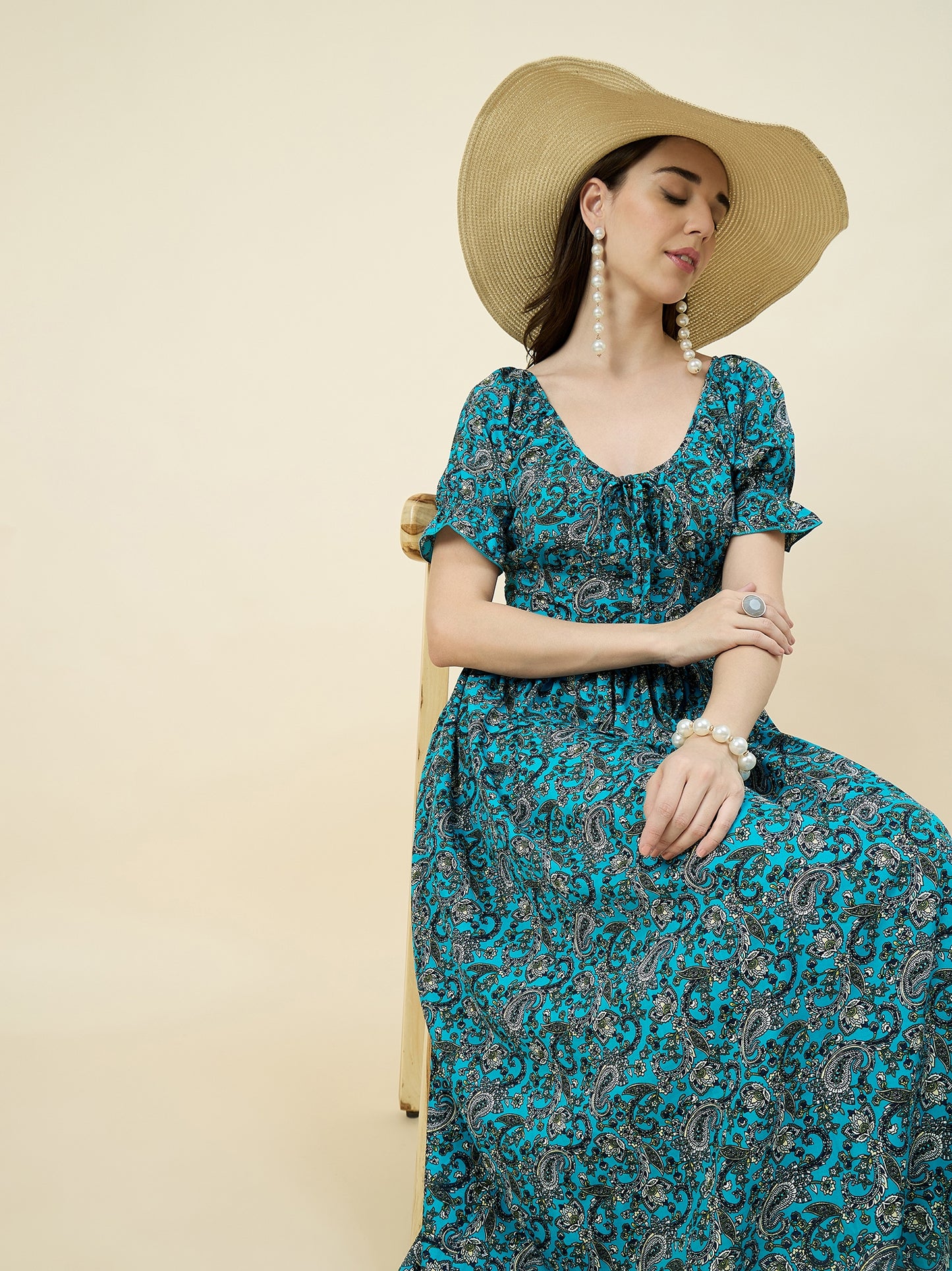 Green Paisley Printed Maxi Dress with Tie-Ups