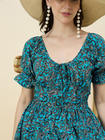 Green Paisley Printed Maxi Dress with Tie-Ups
