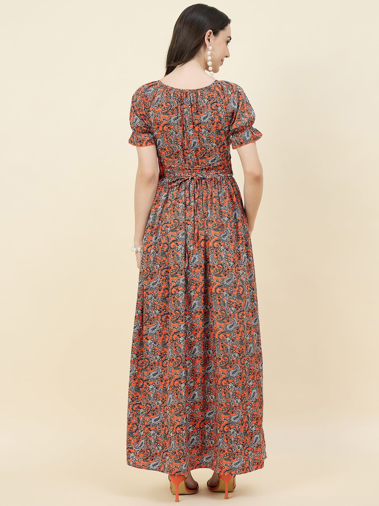 Green Paisley Printed Maxi Dress with Tie-Ups
