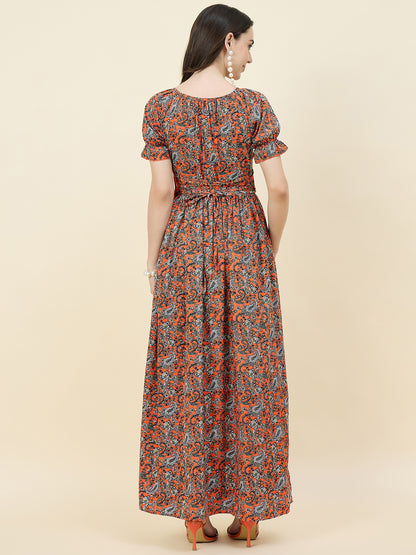 Green Paisley Printed Maxi Dress with Tie-Ups