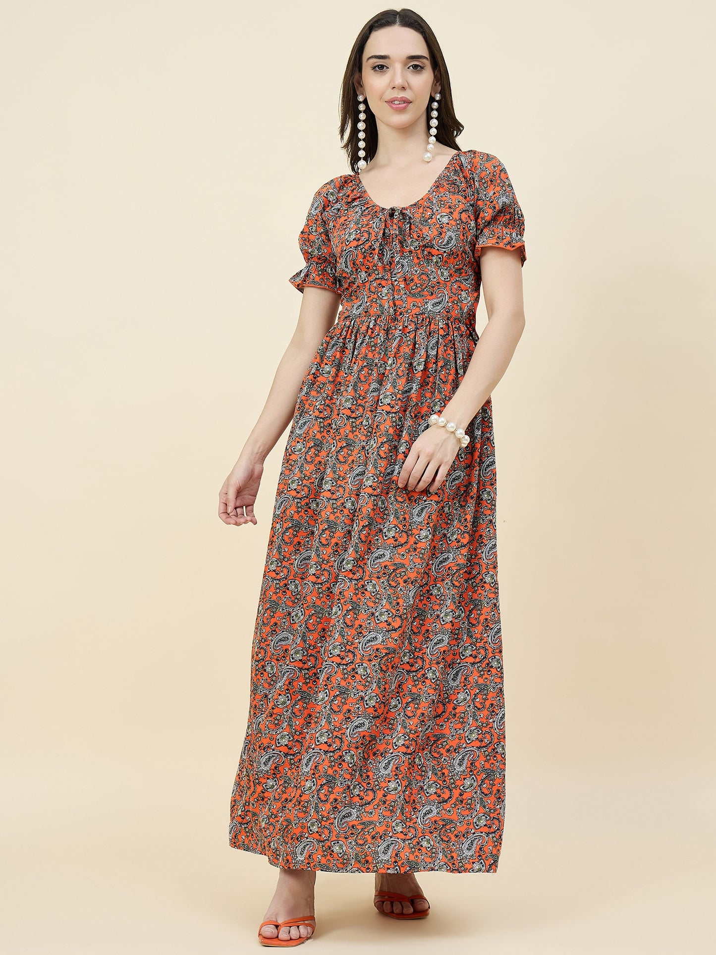 Green Paisley Printed Maxi Dress with Tie-Ups