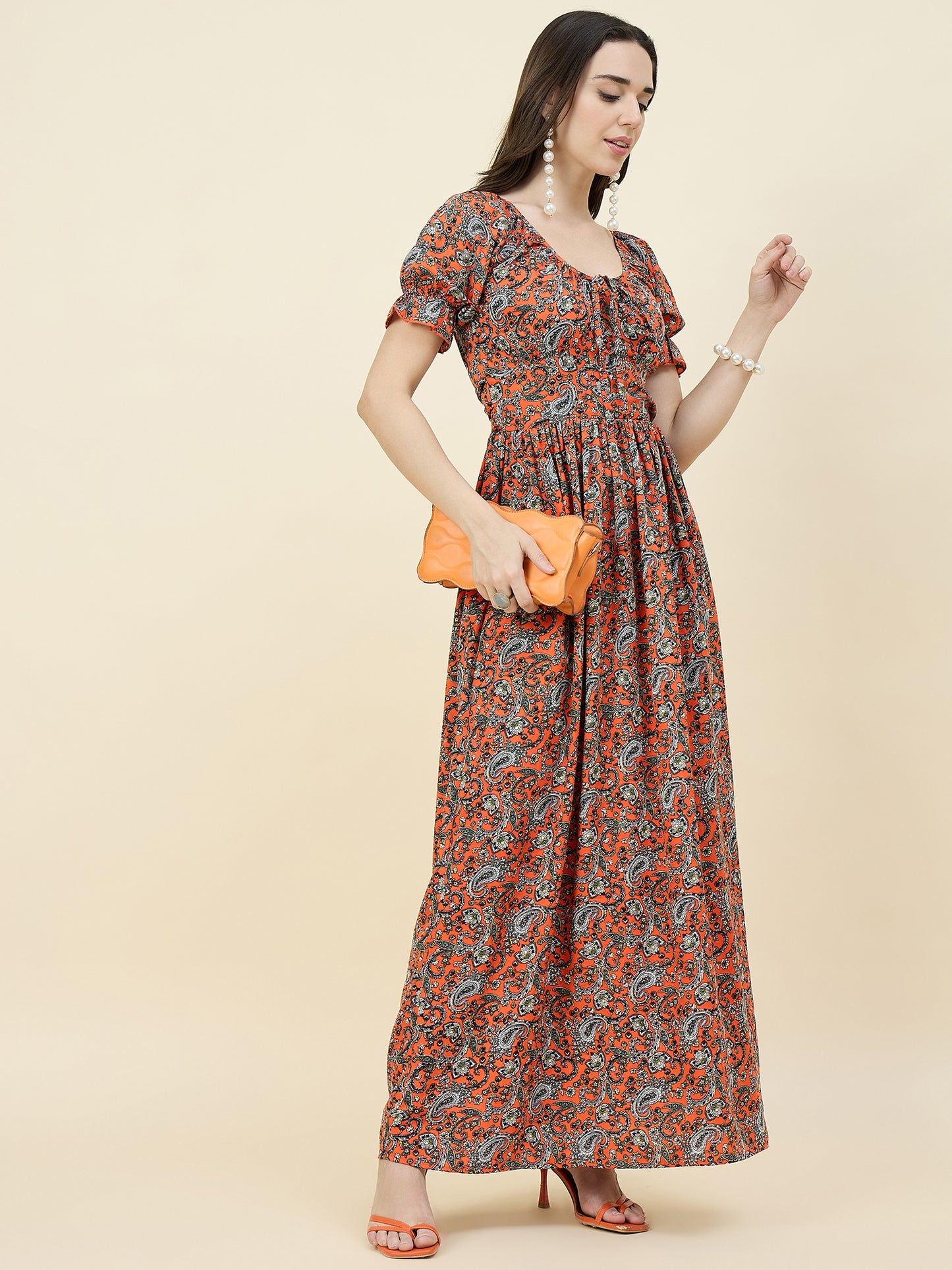 Green Paisley Printed Maxi Dress with Tie-Ups