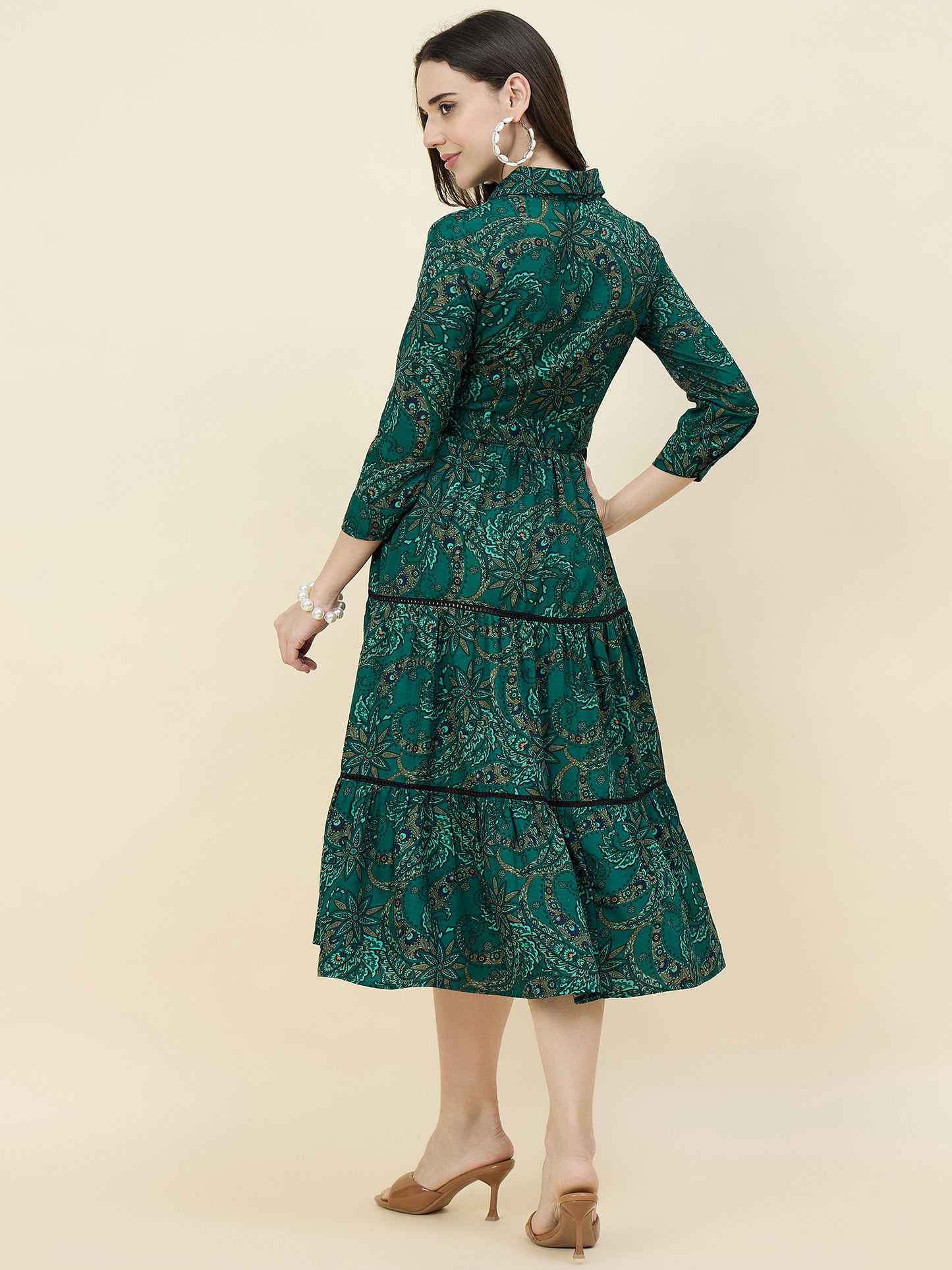Blue Paisley Printed Layered Midi Dress with Belt