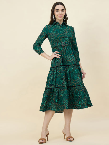 Blue Paisley Printed Layered Midi Dress with Belt