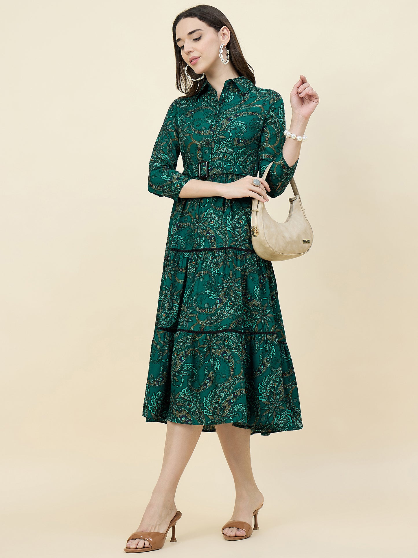 Blue Paisley Printed Layered Midi Dress with Belt