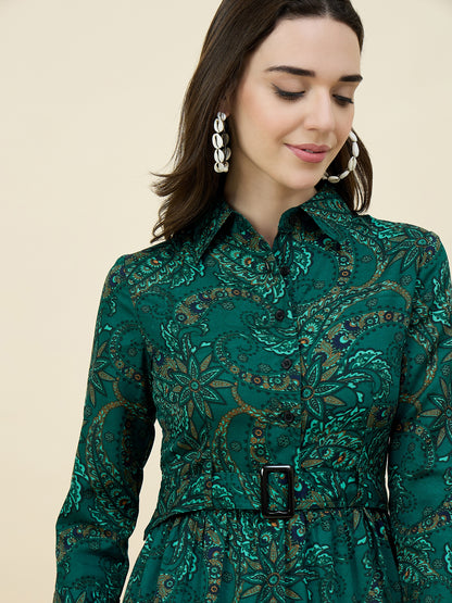 Blue Paisley Printed Layered Midi Dress with Belt