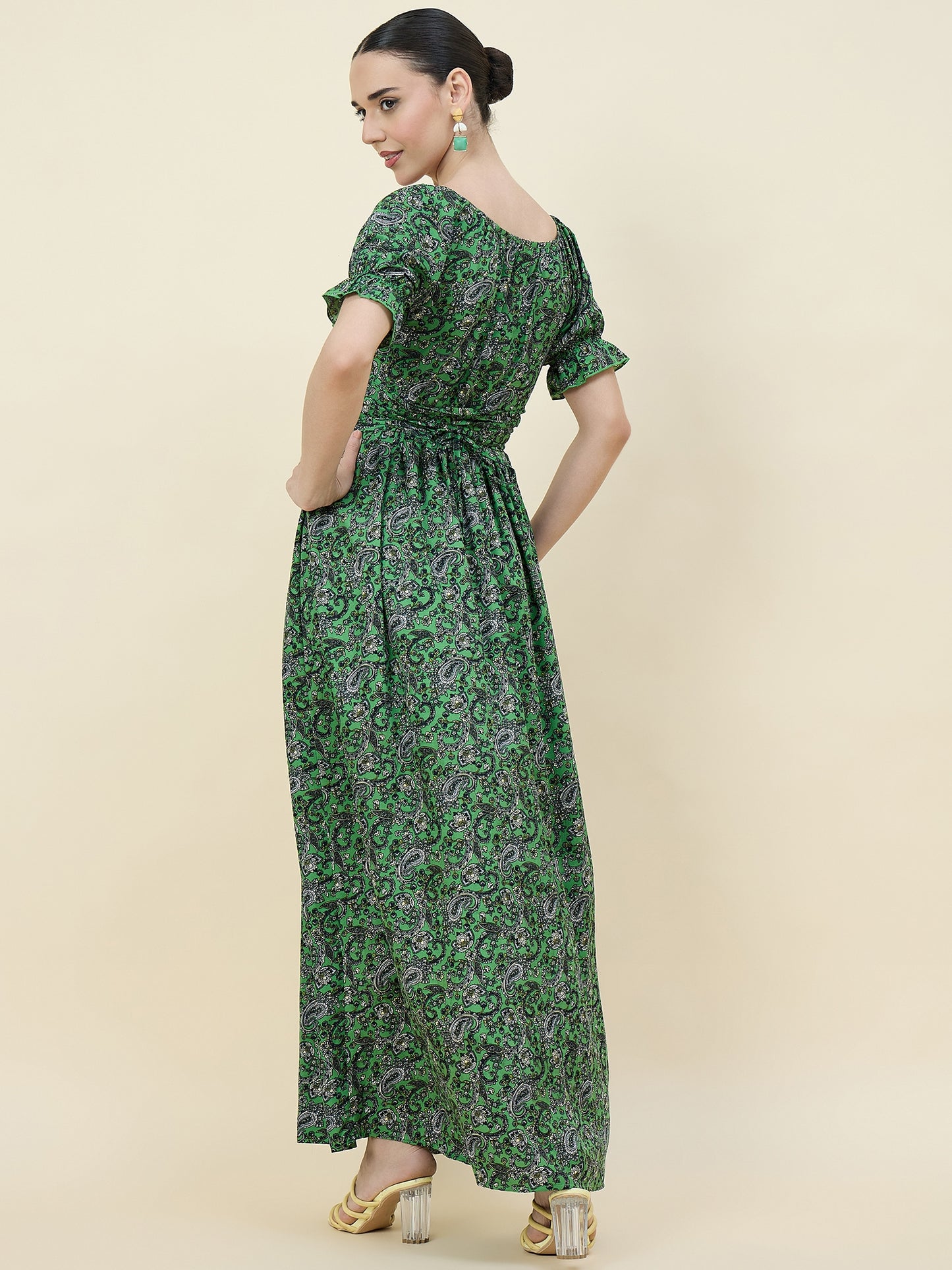 Green Paisley Printed Maxi Dress with Tie-Ups