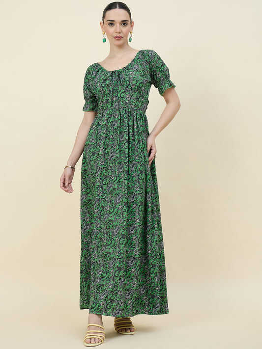 Green Paisley Printed Maxi Dress with Tie-Ups