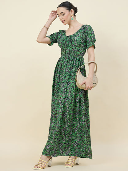 Green Paisley Printed Maxi Dress with Tie-Ups