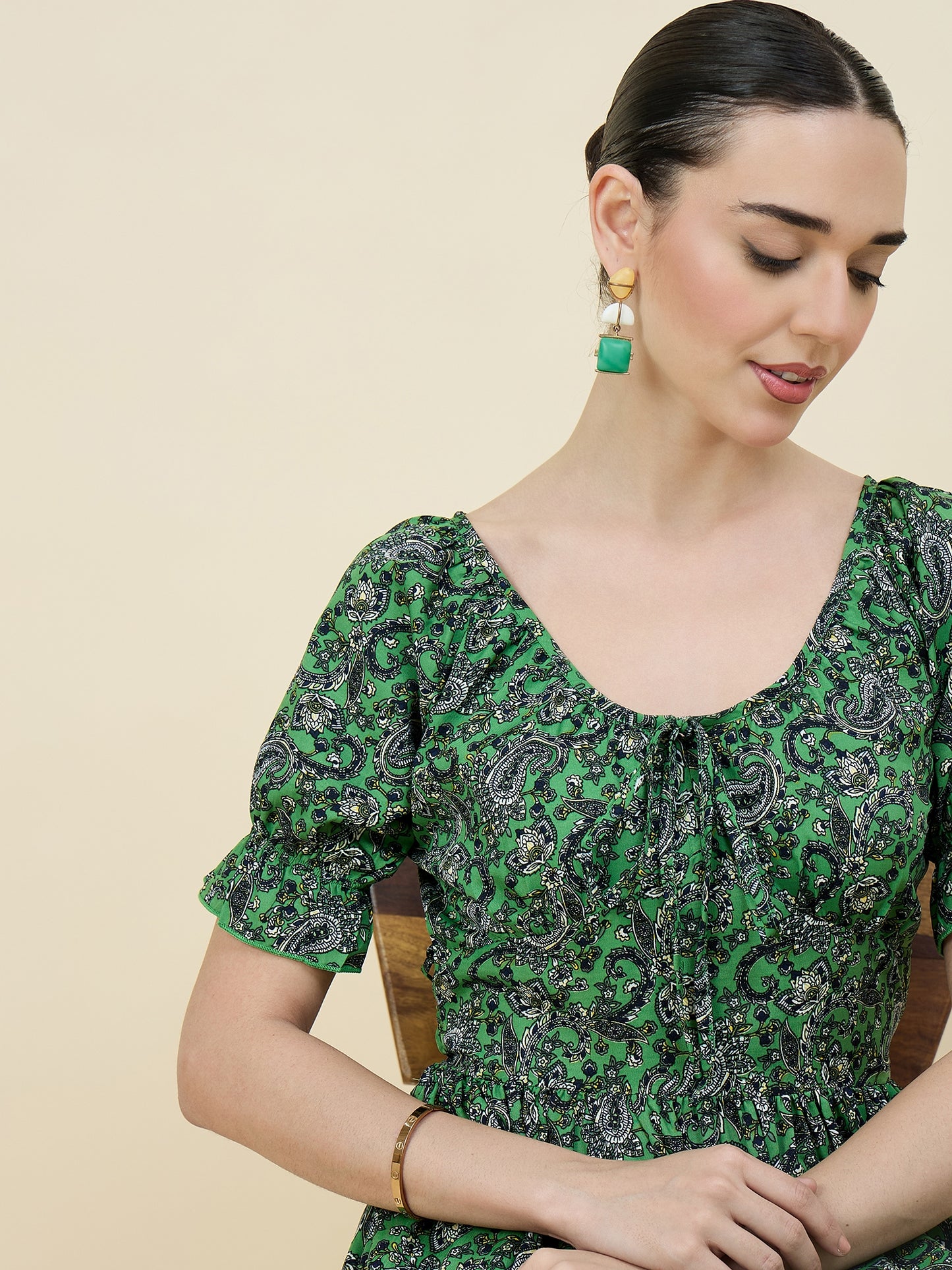 Green Paisley Printed Maxi Dress with Tie-Ups