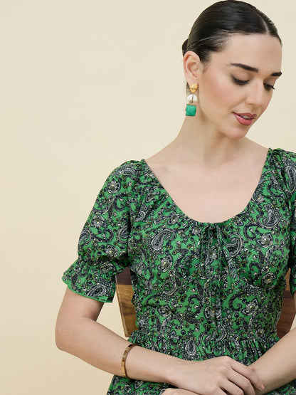 Green Paisley Printed Maxi Dress with Tie-Ups
