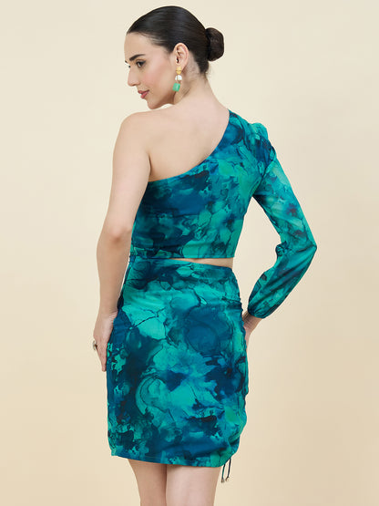 Blue Abstract Printed One-Shoulder Bodycon Mini Dress