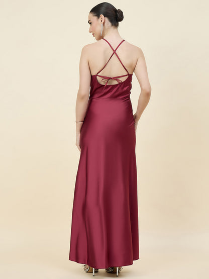 Satin bodycon dress in maroon colour