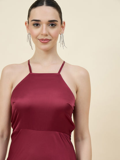 Satin bodycon dress in maroon colour
