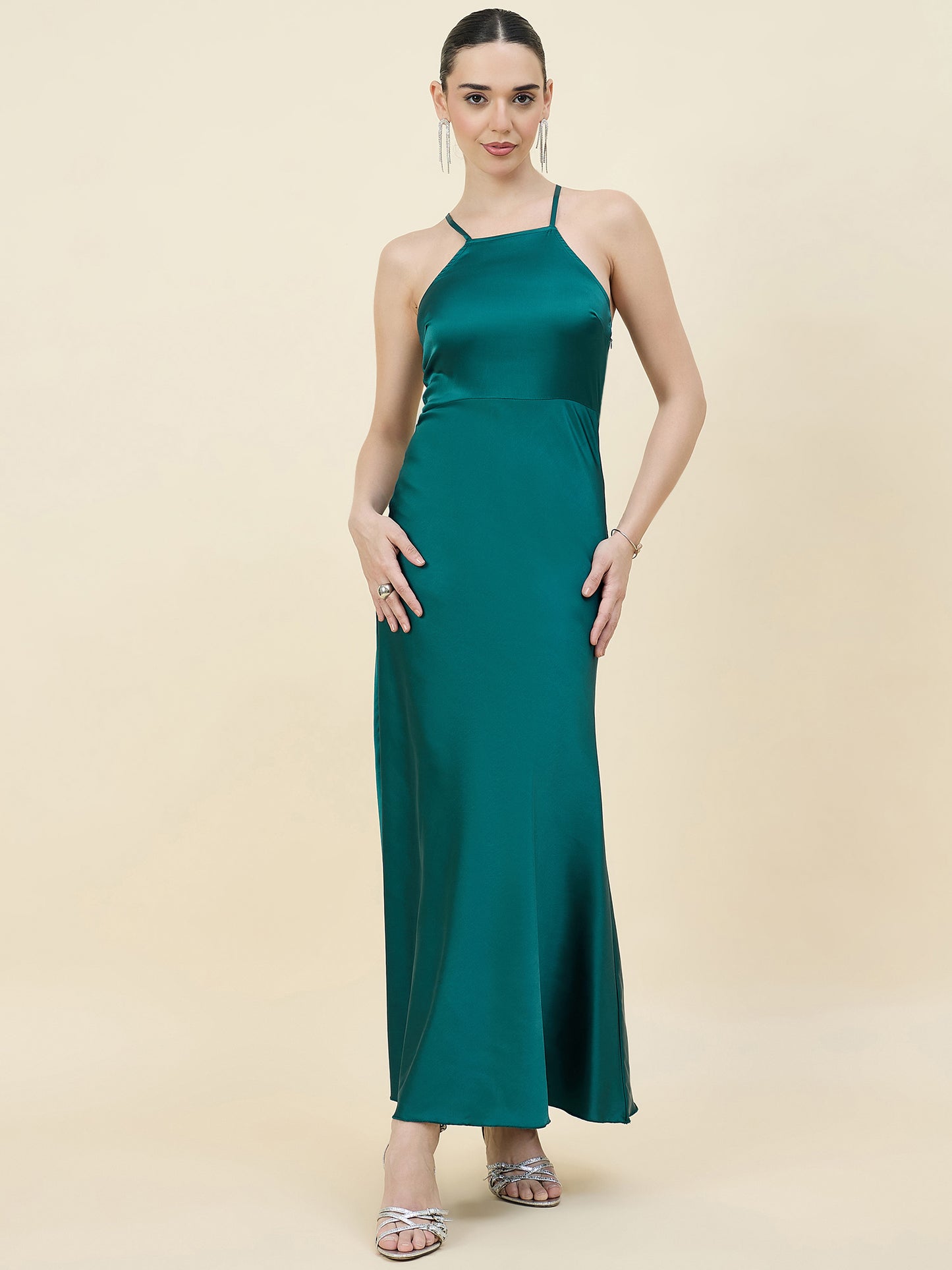 Satin bodycon dress in green colour