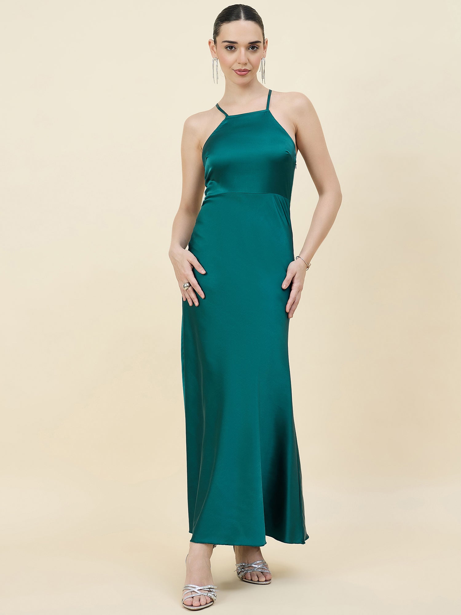 Satin bodycon dress in green colour