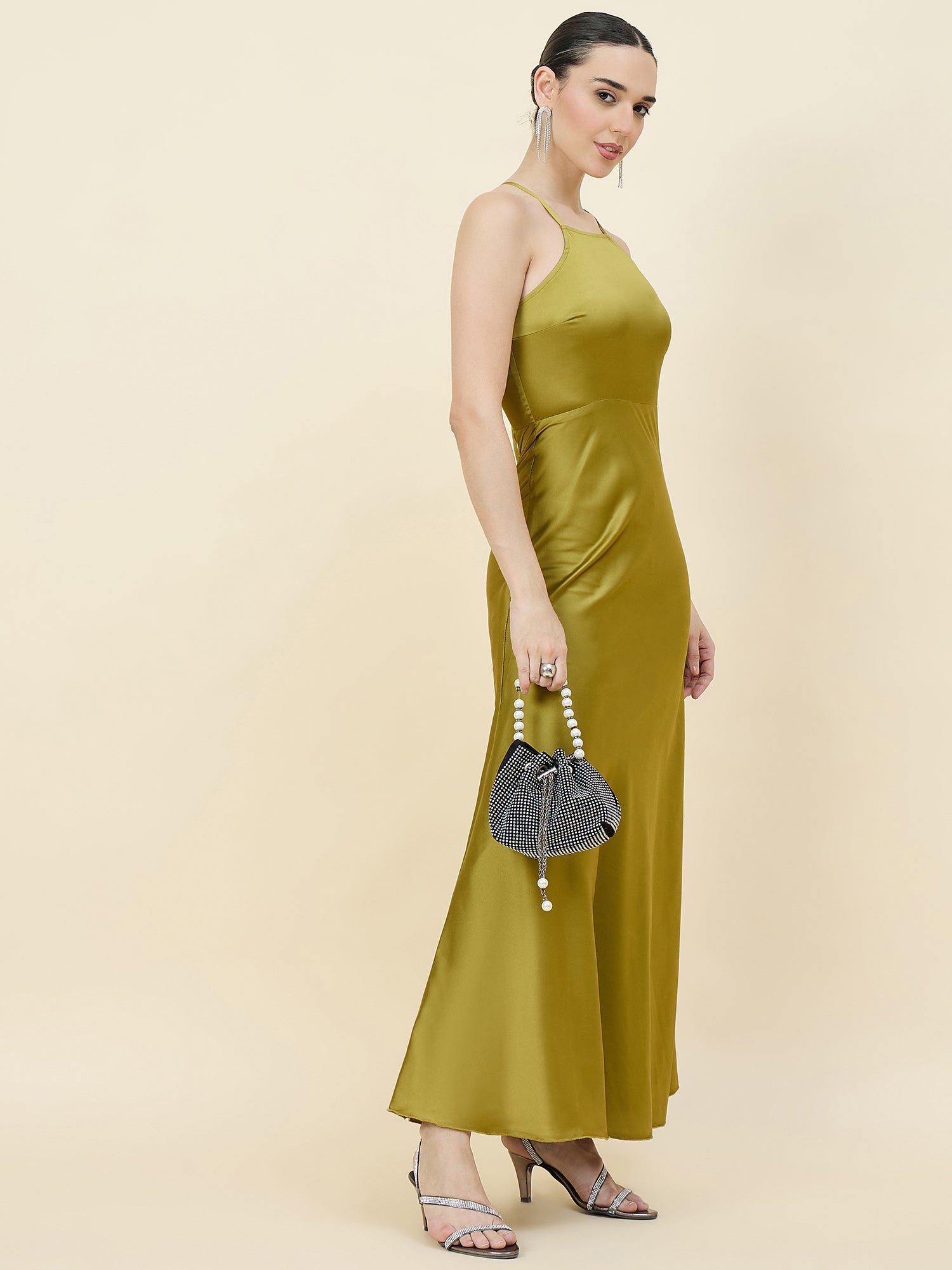 Satin bodycon dress in sage green colour