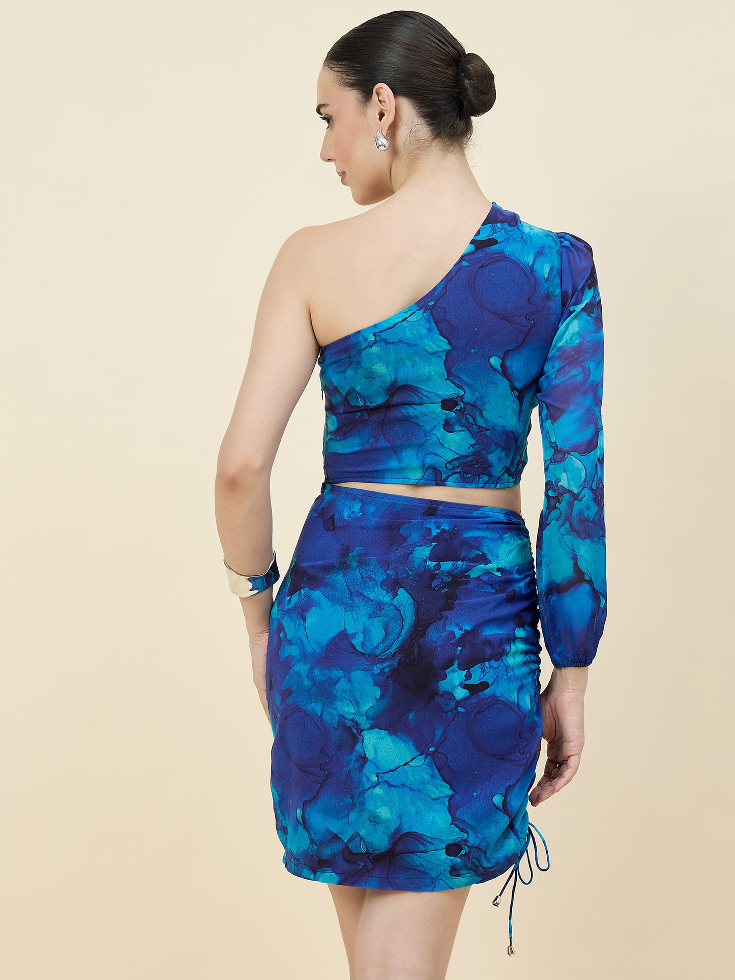 Blue Abstract Printed One-Shoulder Bodycon Mini Dress