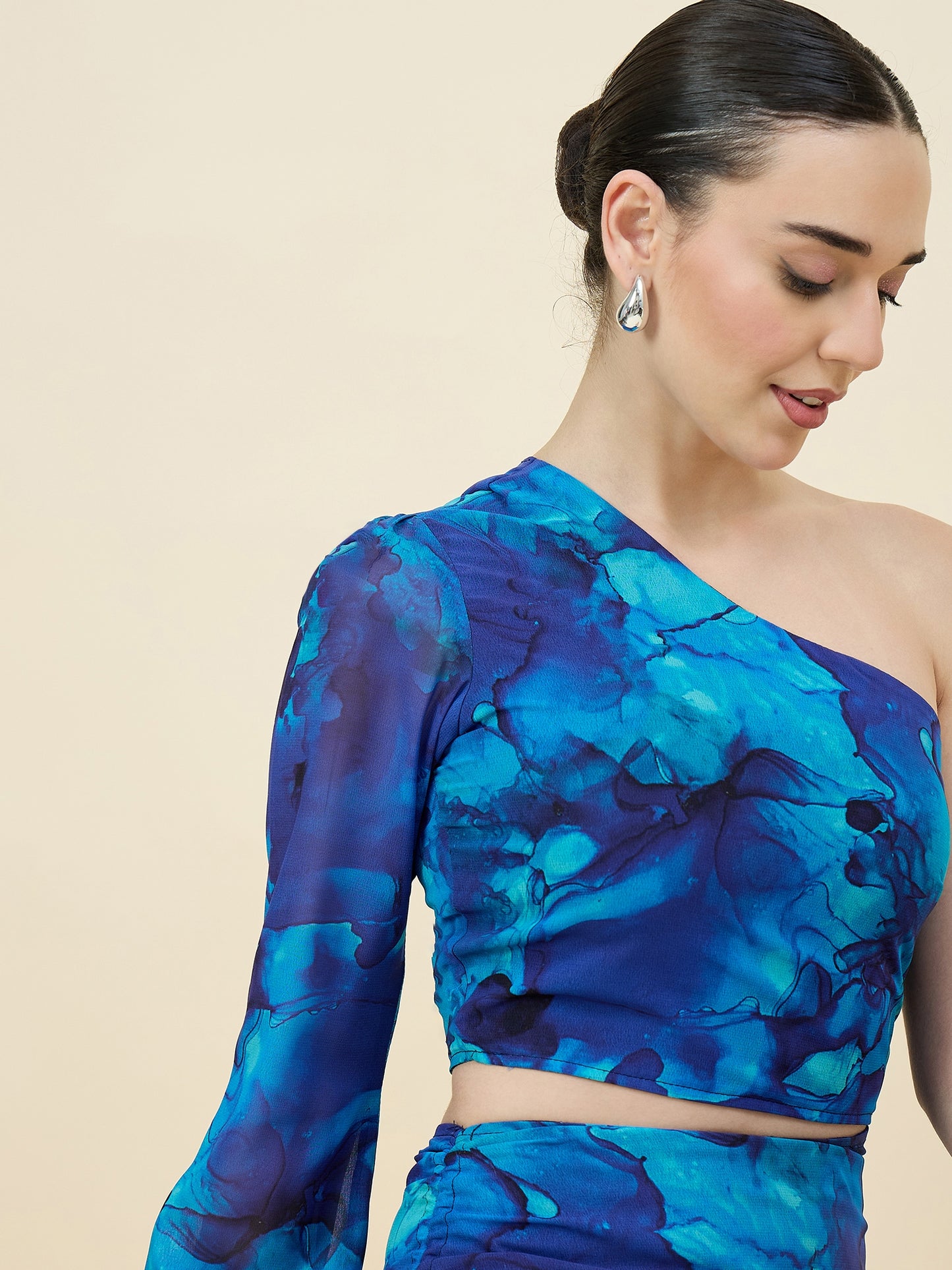 Blue Abstract Printed One-Shoulder Bodycon Mini Dress