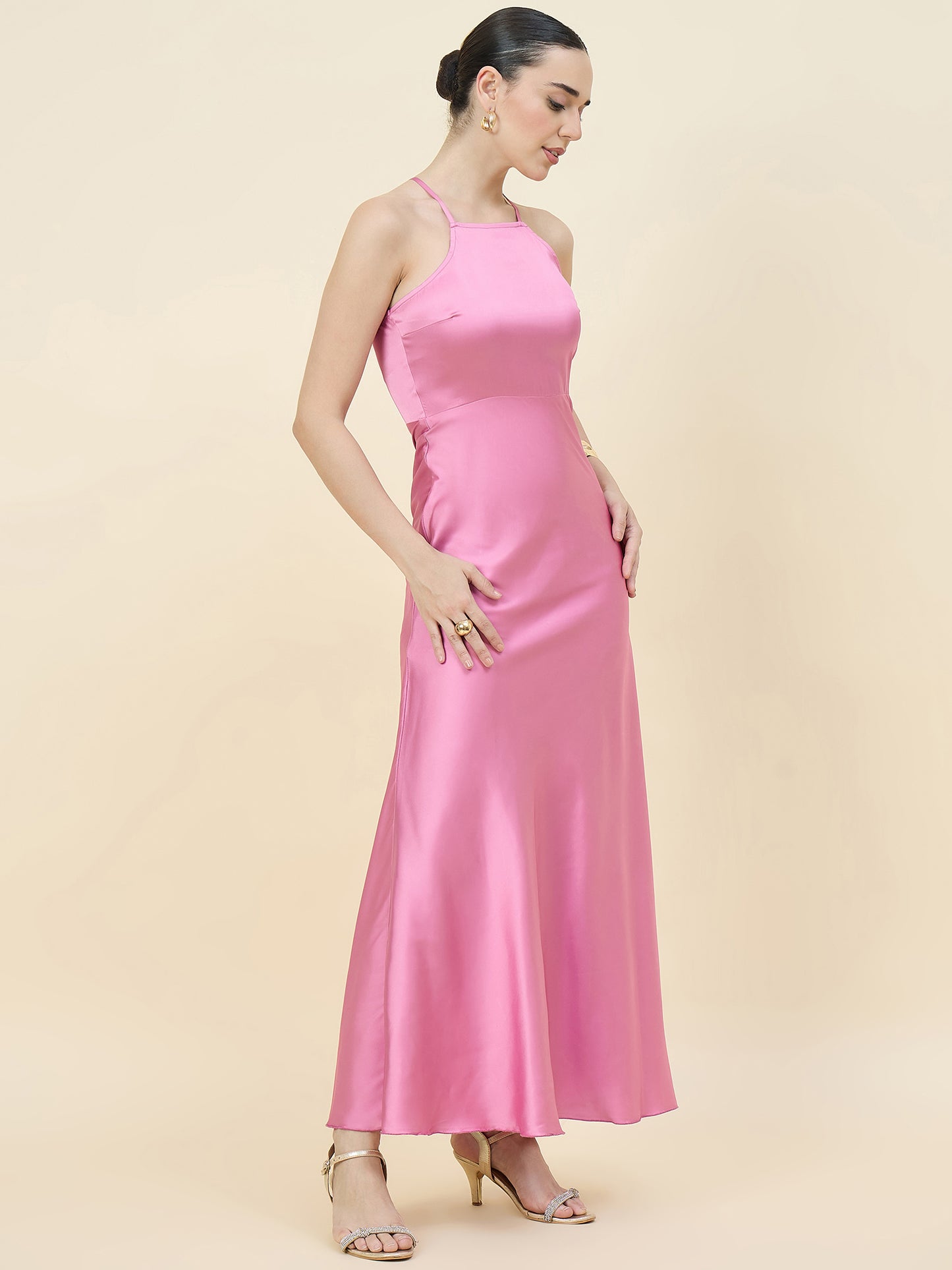Satin bodycon dress in peach colour