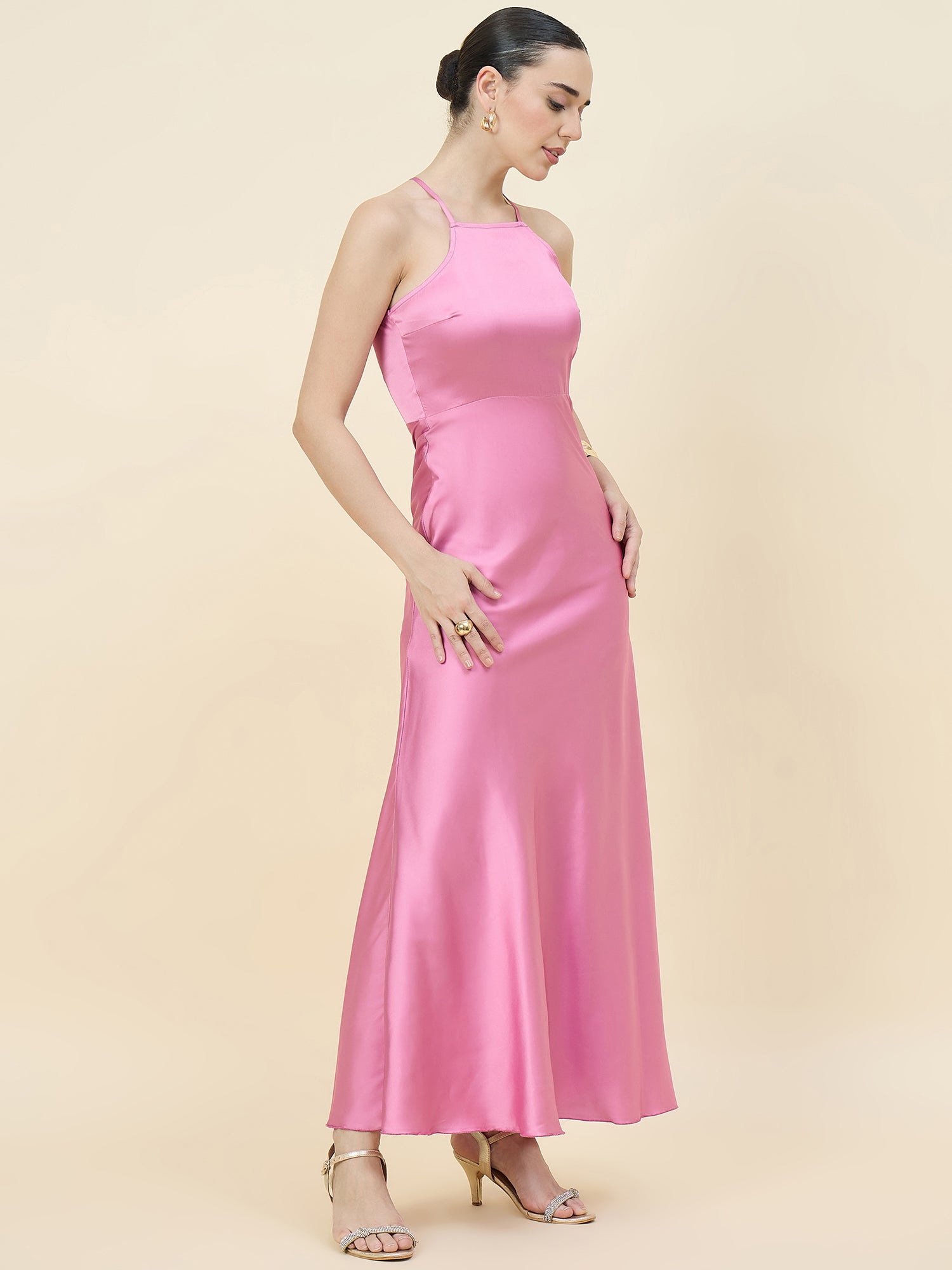 Satin bodycon dress in peach colour