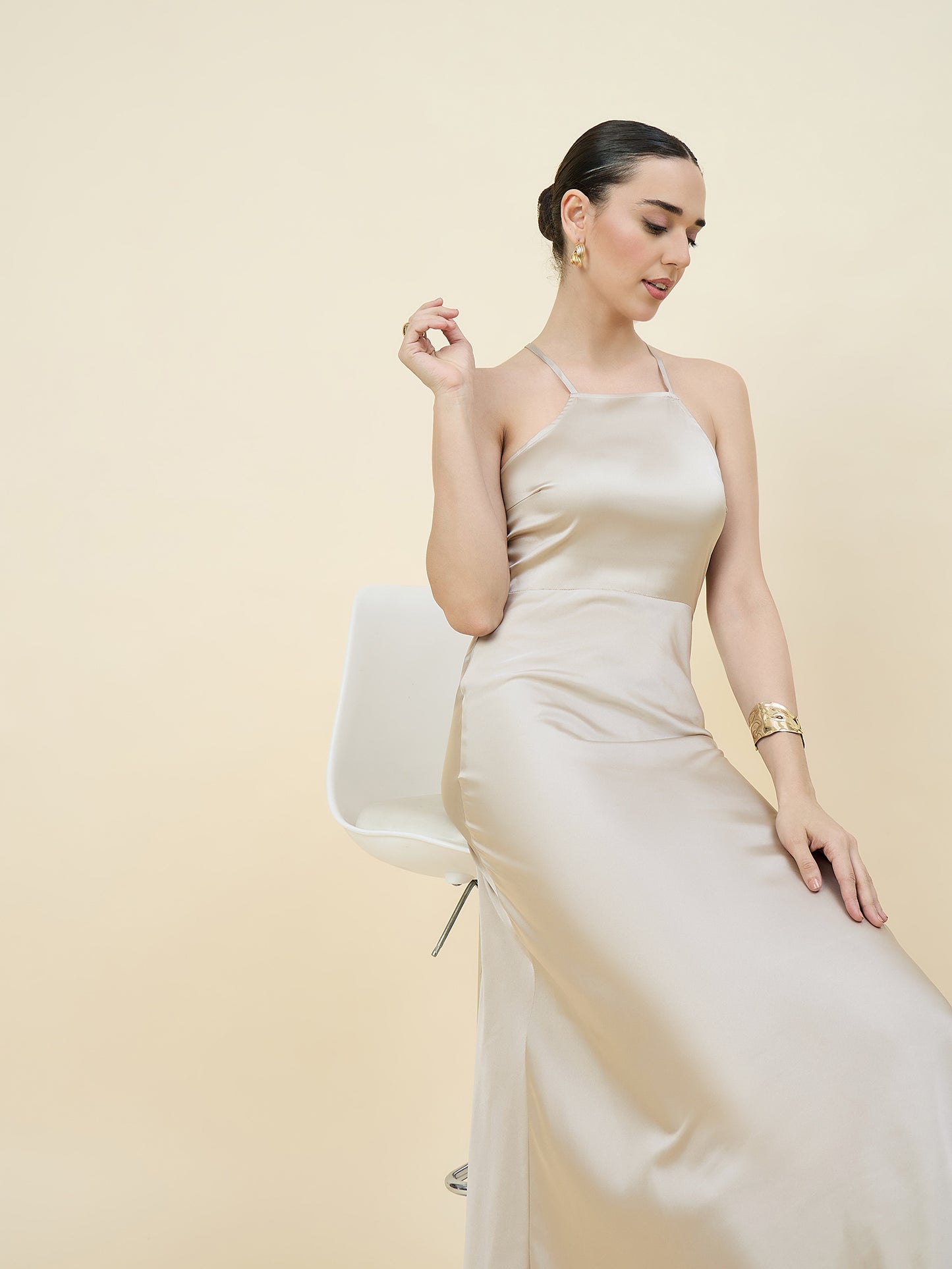 Satin bodycon dress in silver colour