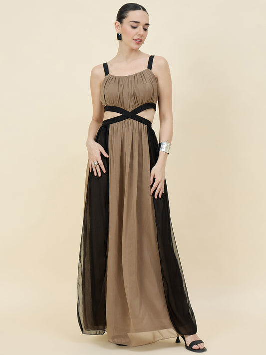 Color-blocked maxi dress in brown colour
