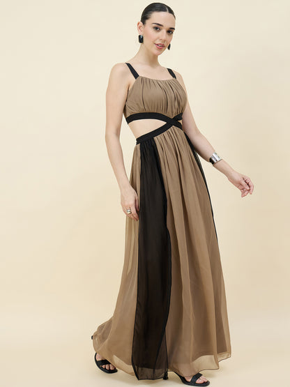 Color-blocked maxi dress in brown colour