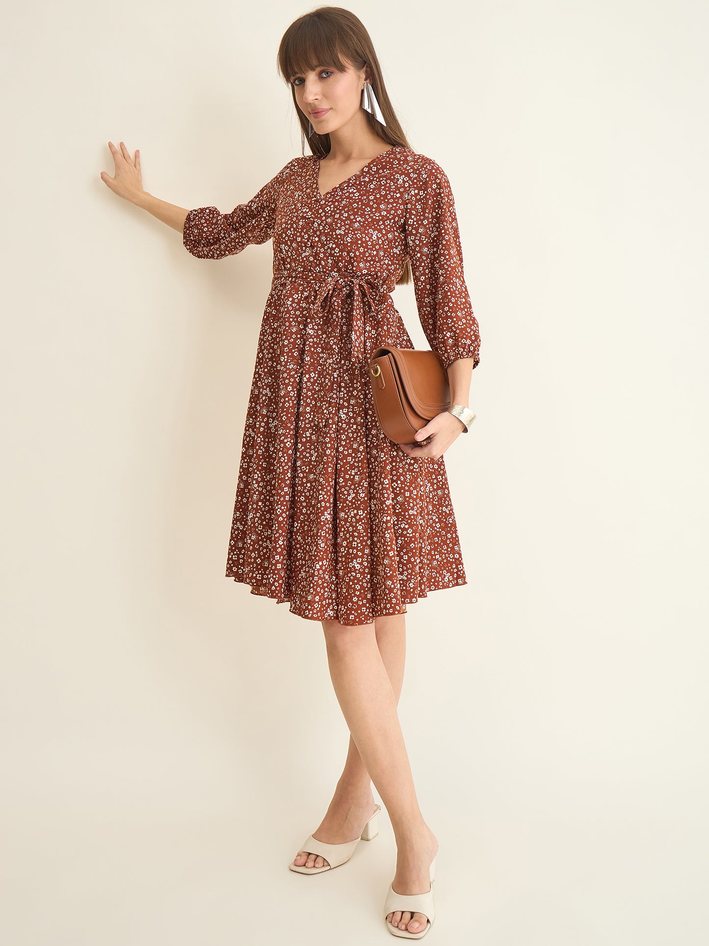 Premium crepe dress in brown colour