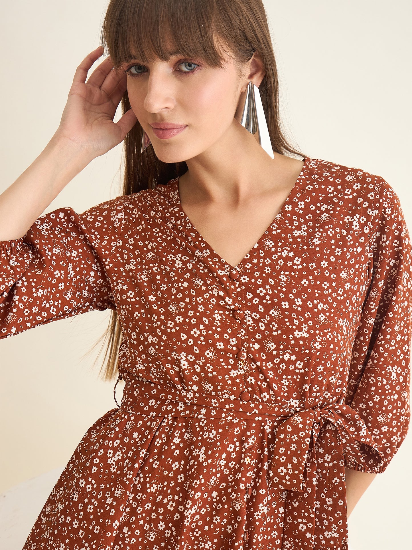 Premium crepe dress in brown colour