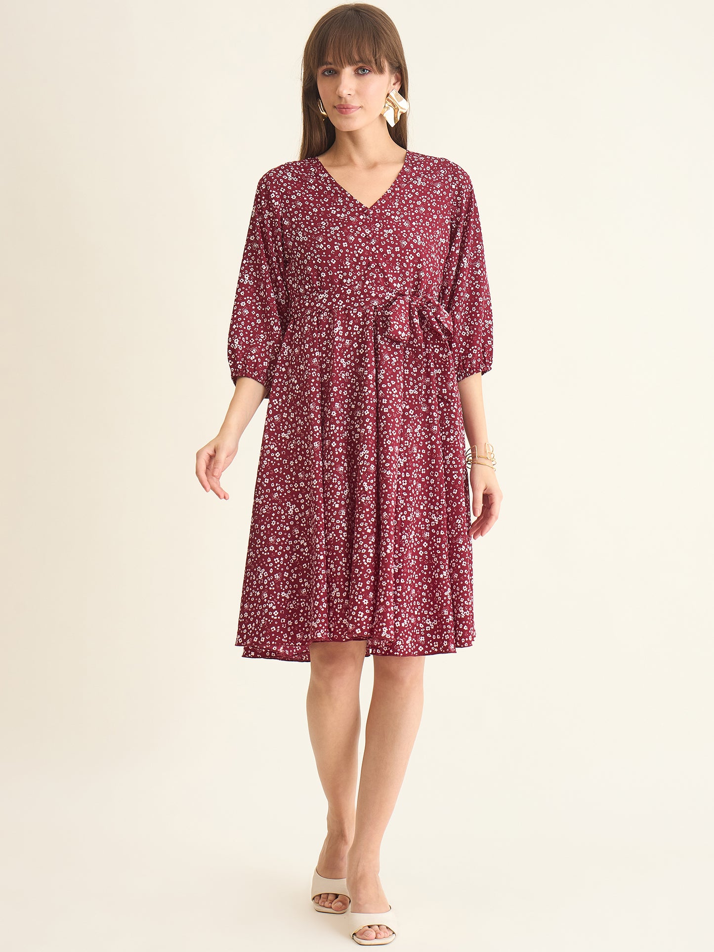 Premium crepe dress in maroon colour