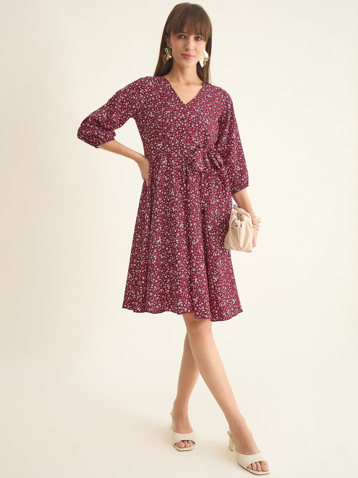 Premium crepe dress in maroon colour