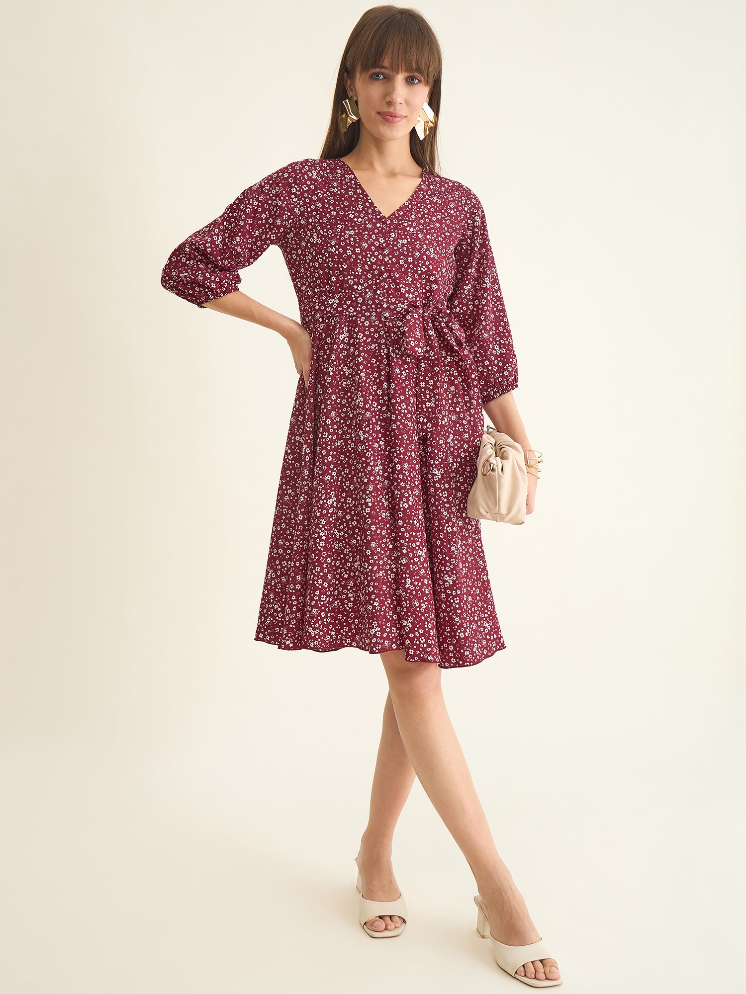 Premium crepe dress in maroon colour