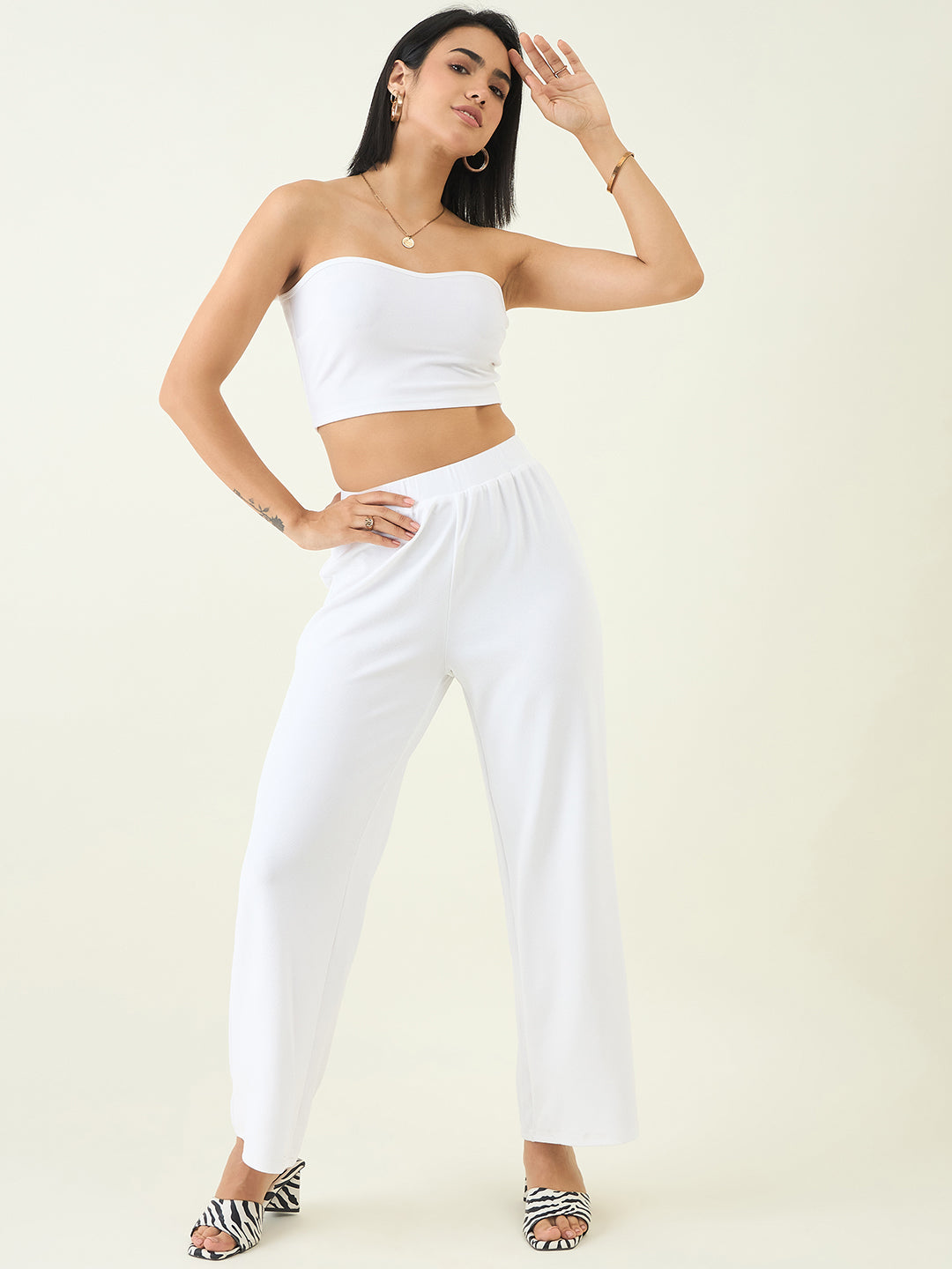 Elastic Waist Crop Top and Trousers Ensemble