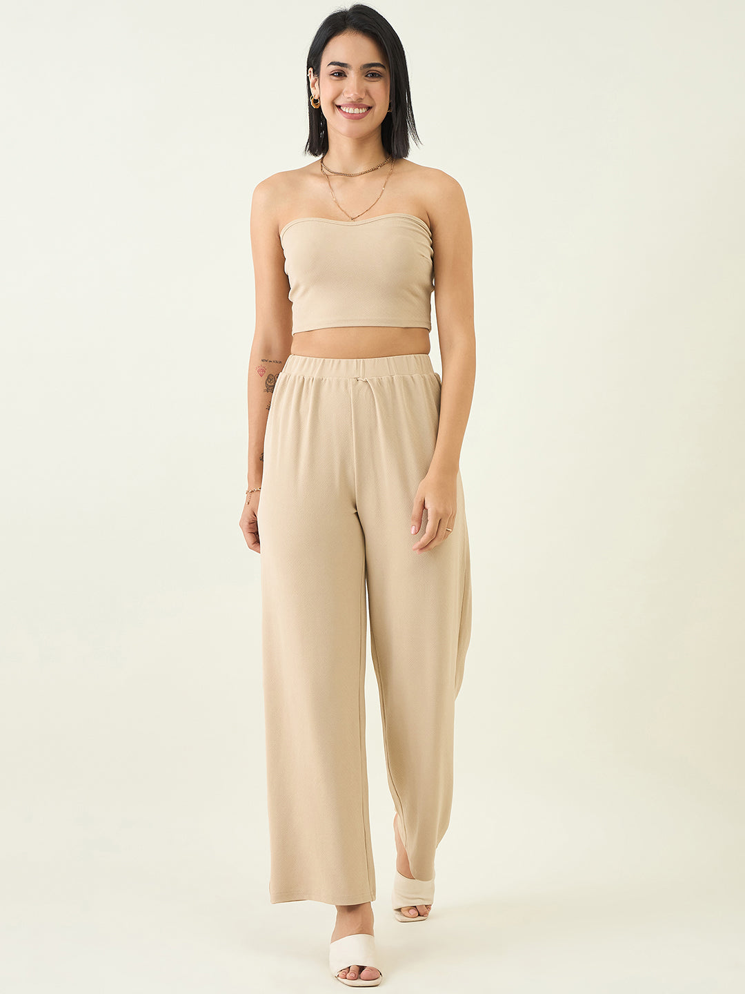 Elastic Waist Crop Top and Trousers Ensemble