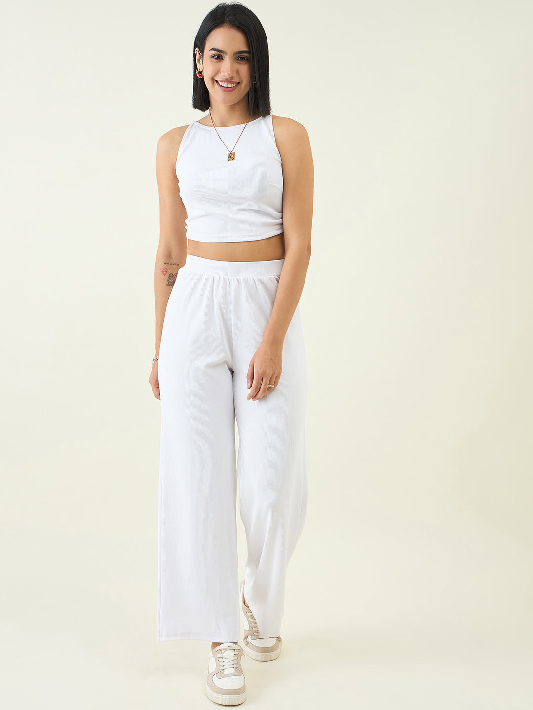 Women's Black Sleeveless Crop Top & High Waist Pants Co-ord Set