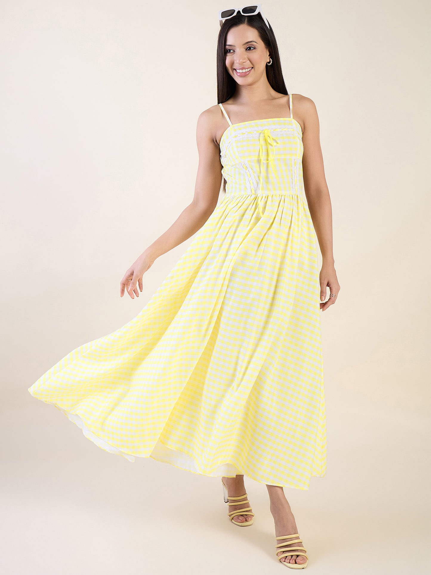 Embrace timeless charm with this gingham maxi dress in yellow colour