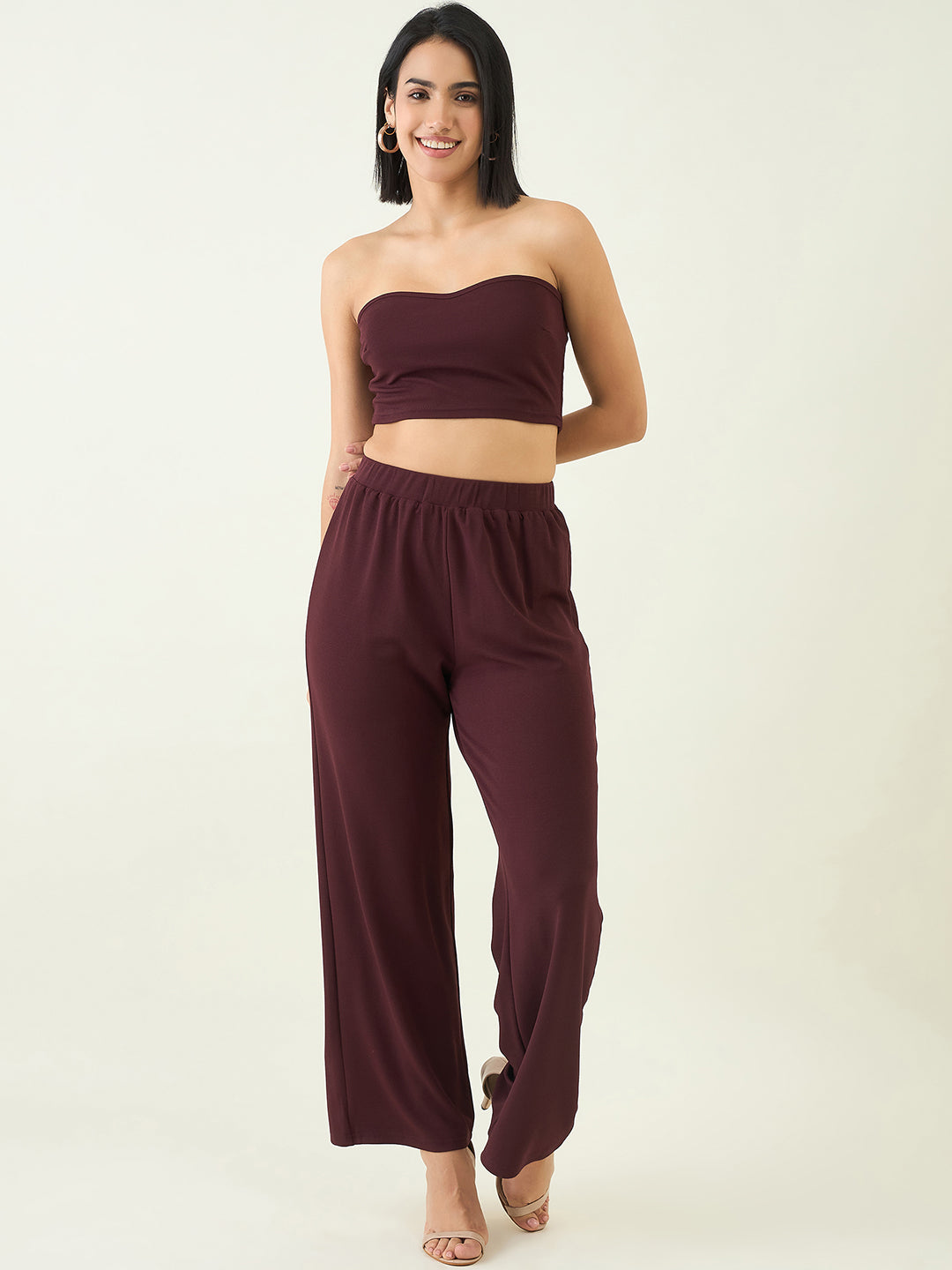 Elastic Waist Crop Top and Trousers Ensemble