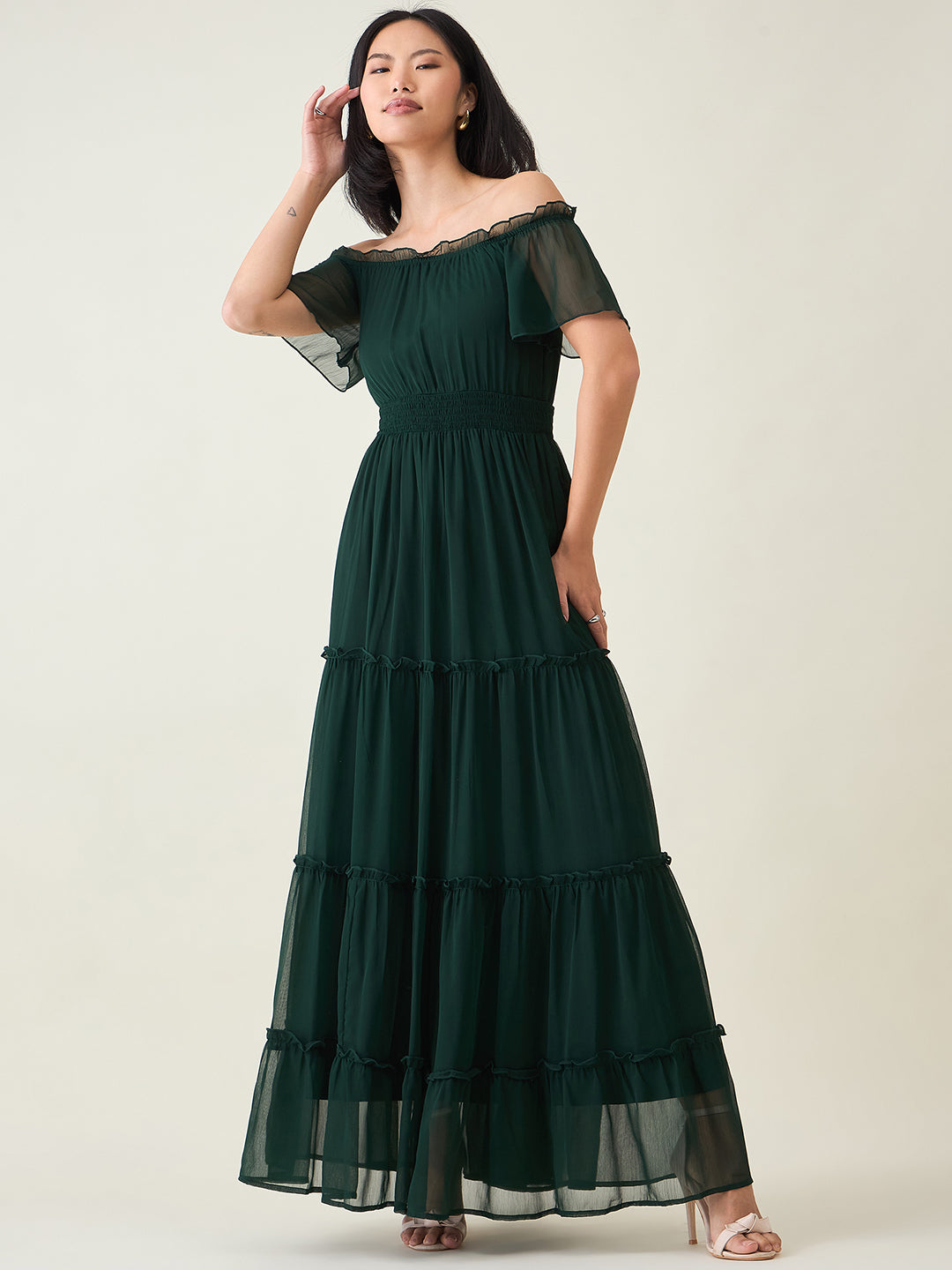 Noir Ruffle Off-Shoulder Maxi Dress in Chiffon