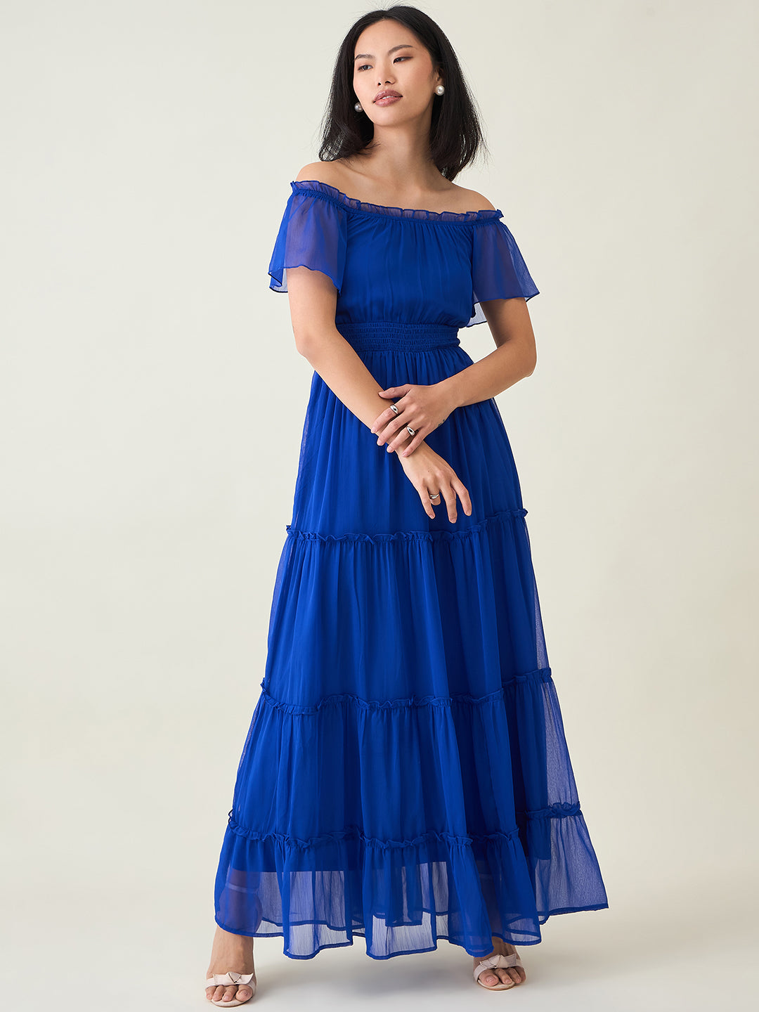 Noir Ruffle Off-Shoulder Maxi Dress in Chiffon