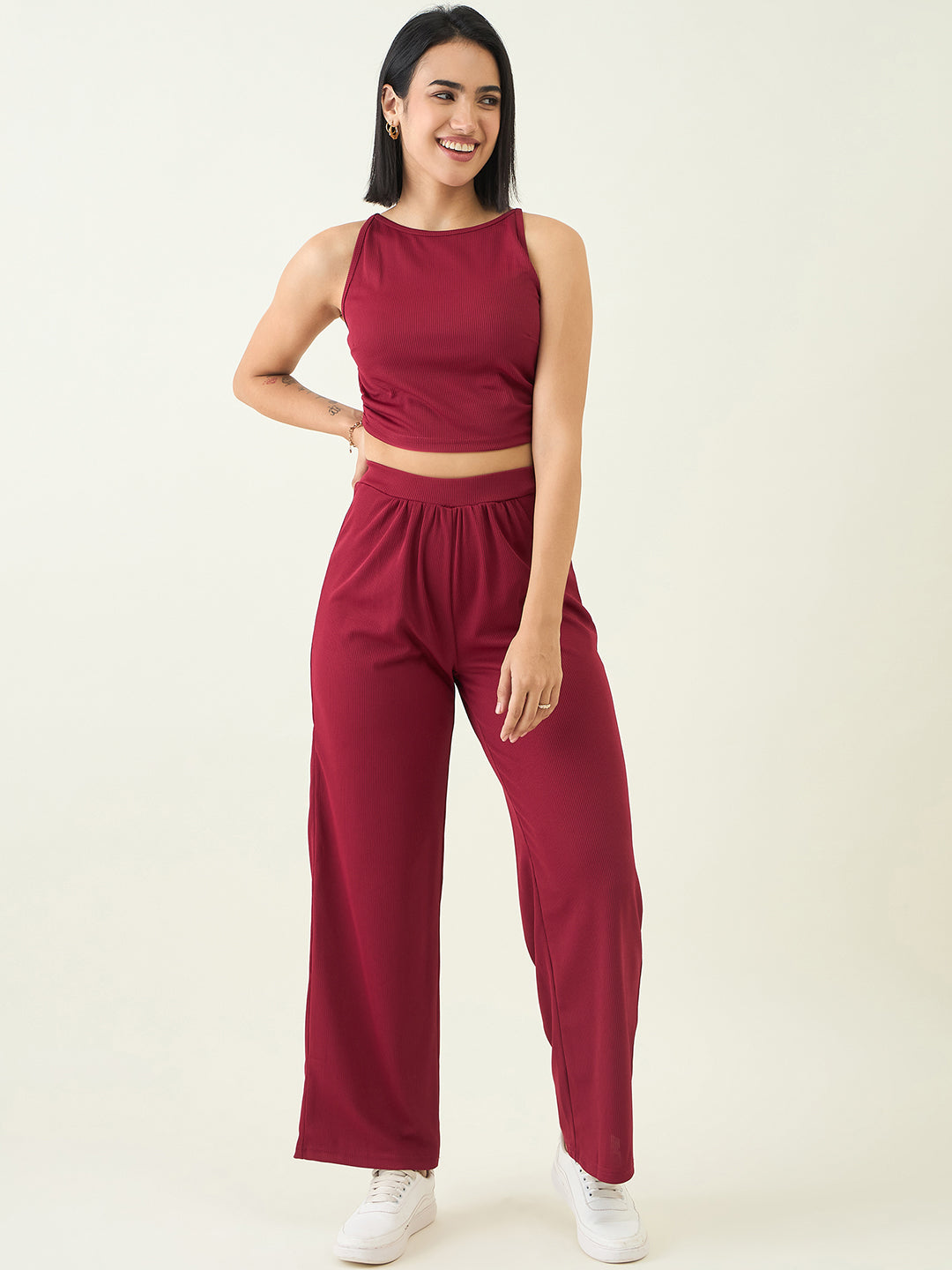 Women's Black Sleeveless Crop Top & High Waist Pants Co-ord Set