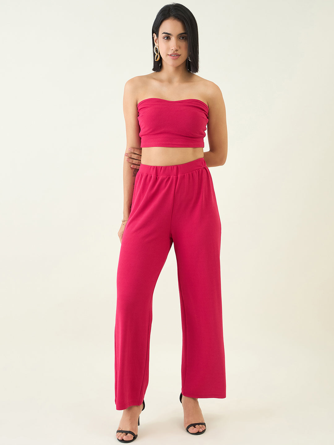 Elastic Waist Crop Top and Trousers Ensemble
