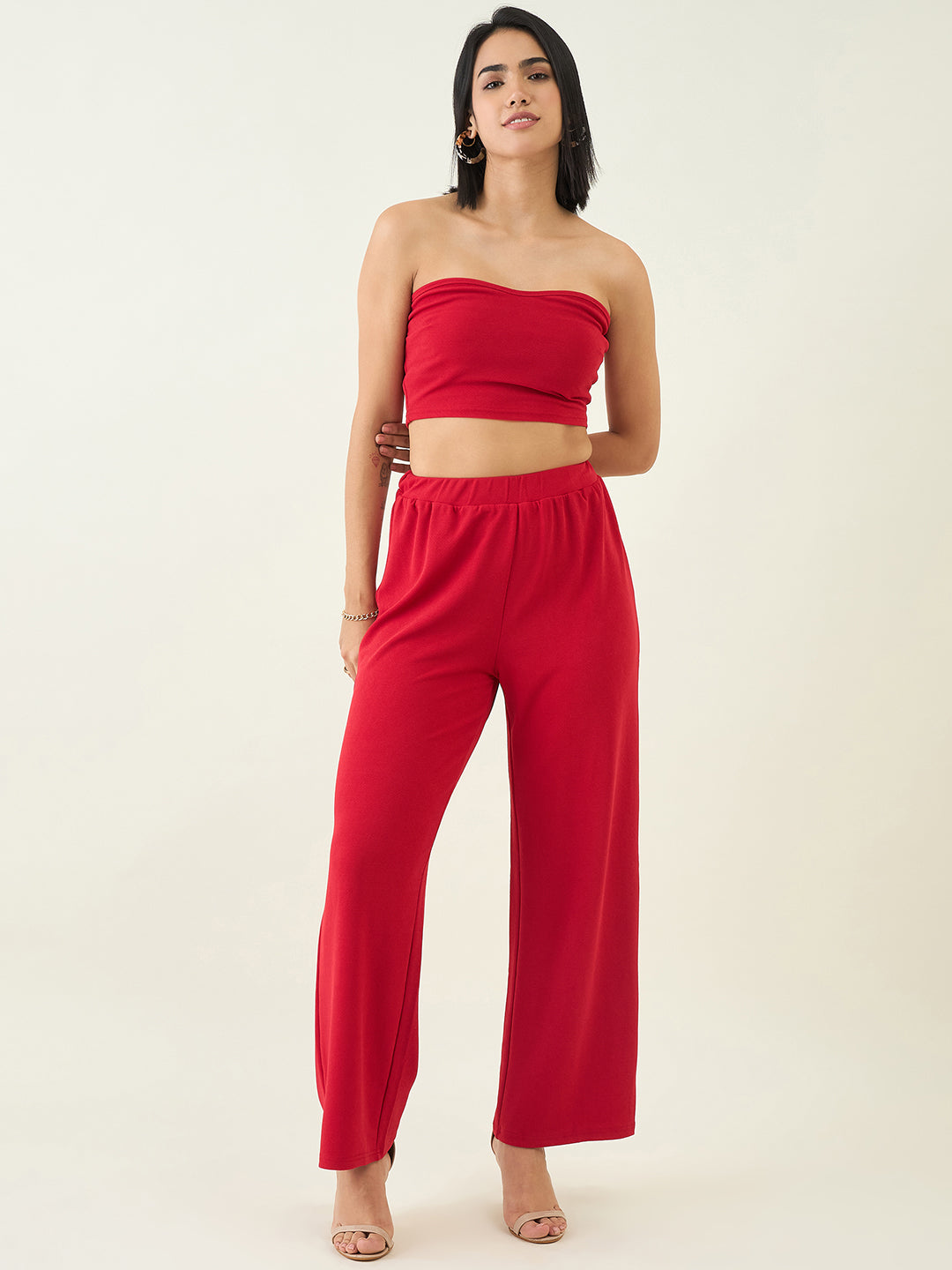 Elastic Waist Crop Top and Trousers Ensemble