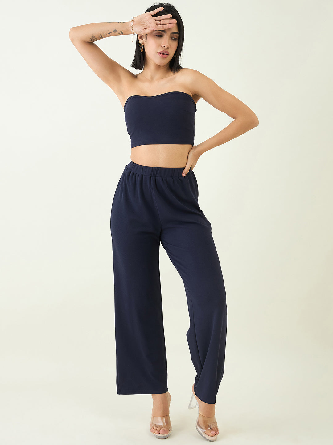 Elastic Waist Crop Top and Trousers Ensemble